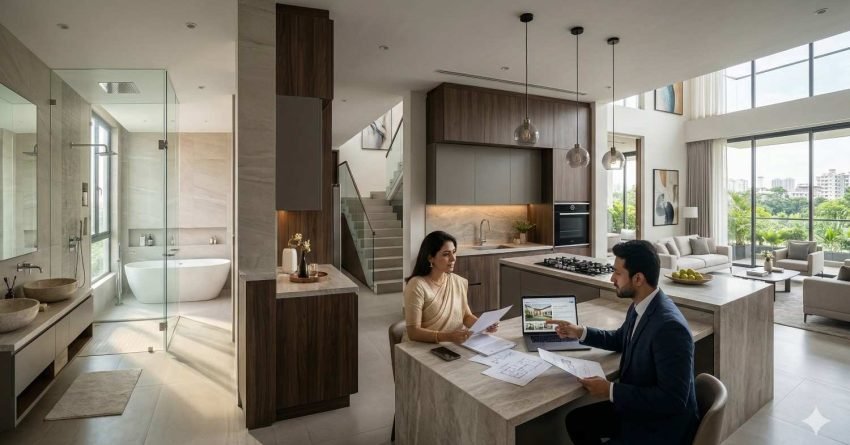 Modern kitchen, bathroom, and living room shown as the most valuable areas of a house with homeowner discussing property value