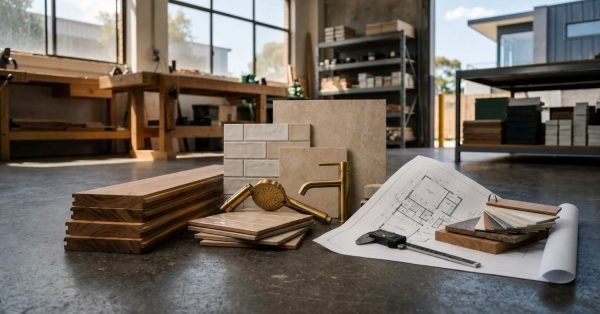 Construction material samples with wood flooring, tiles, brass fixtures, architectural plans, and design tools in a modern workshop