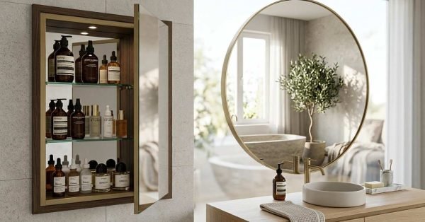 Recessed wood medicine cabinet with open mirror door and interior lighting next to a round gold vanity mirror in a modern bathroom