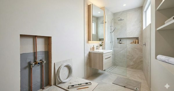 small bathroom renovation in Australia showing modern compact design with walk in shower and floating vanity