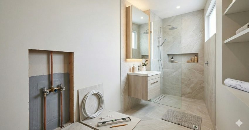 small bathroom renovation in Australia showing modern compact design with walk in shower and floating vanity