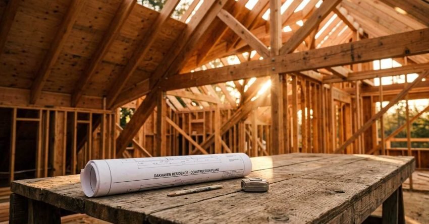 Rolled construction plans labeled "Oakhaven Residence," pencil, and tape measure on a wooden workbench inside a house under construction with exposed timber roof trusses and wall framing.