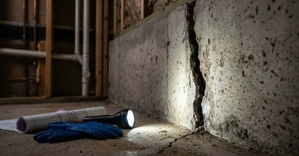 Severe vertical crack in a concrete foundation wall illuminated by a flashlight lying on a concrete slab floor beside blue work gloves, rolled architectural blueprints, and exposed timber stud framing.