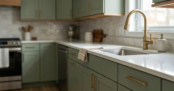 Modern sage green kitchen shaker cabinetry with brushed brass slim bar handles, Calacatta quartz countertops, an undermount stainless steel sink, and a brushed brass gooseneck pull-down faucet by a bright window.
