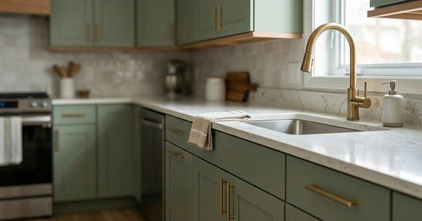 Modern sage green kitchen shaker cabinetry with brushed brass slim bar handles, Calacatta quartz countertops, an undermount stainless steel sink, and a brushed brass gooseneck pull-down faucet by a bright window.