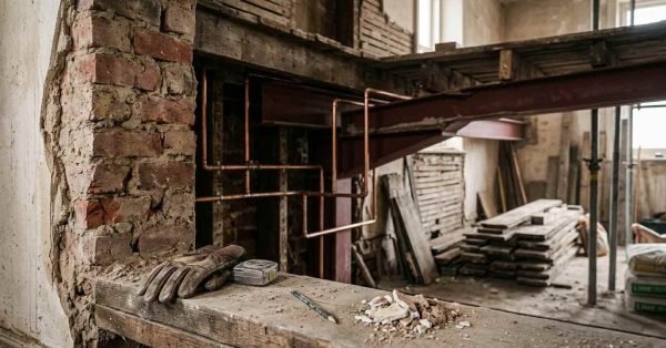 Old building restoration interior showing exposed brick wall, structural red steel RSJ beam, new copper plumbing pipes, work gloves, measuring tape, and timber scaffolding planks.