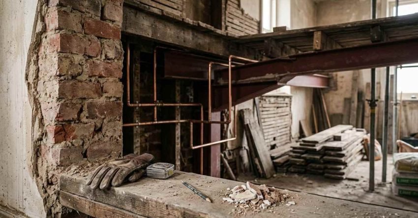 Old building restoration interior showing exposed brick wall, structural red steel RSJ beam, new copper plumbing pipes, work gloves, measuring tape, and timber scaffolding planks.