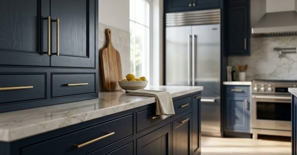 Modern kitchen renovation featuring navy blue shaker cabinets with brushed brass handles, white marble countertops, stainless steel appliances, and a wooden cutting board with lemons.