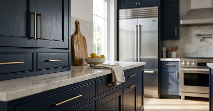 Modern kitchen renovation featuring navy blue shaker cabinets with brushed brass handles, white marble countertops, stainless steel appliances, and a wooden cutting board with lemons.