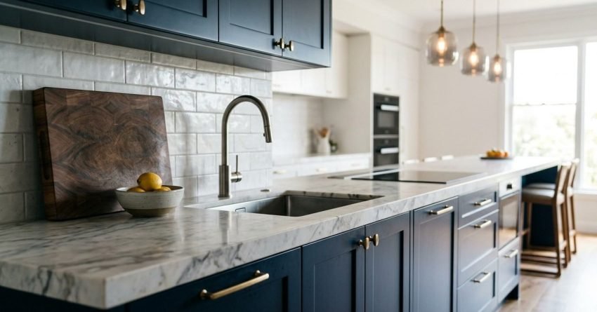 Luxury modern kitchen featuring deep navy blue shaker cabinets with brushed brass hardware, a thick Calacatta marble island benchtop with an undermount sink and brushed nickel gooseneck tap, glossy white subway tile splashback, and glass pendant lights.