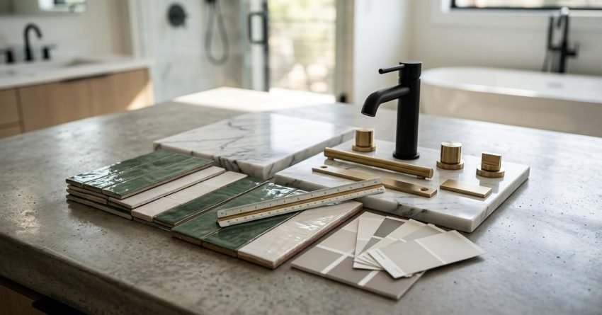 Bathroom interior design mood board on a concrete countertop featuring glossy green and off-white subway tiles, Carrara marble slabs, brushed brass cabinet hardware, a matte black single-handle faucet, neutral paint swatches, and a triangular scale ruler.