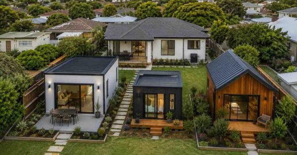 Aerial view of a suburban property comparing a detached granny flat, compact tiny house, and modern cabin side by side, highlighting differences in size, design, and residential use.