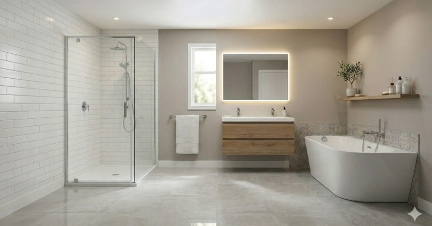 timeless bathroom colors featuring white grey beige and neutral tones in a modern classic bathroom design