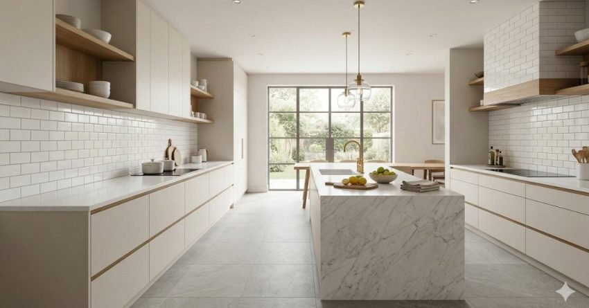 timeless tile colors including white grey and beige in a modern kitchen and bathroom design