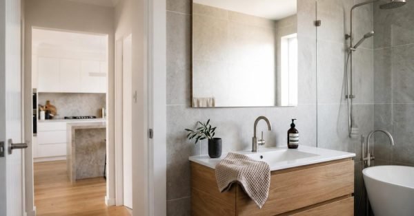 Modern bathroom with a floating wood vanity, white sink, frameless glass shower, freestanding bathtub, and large wall mirror