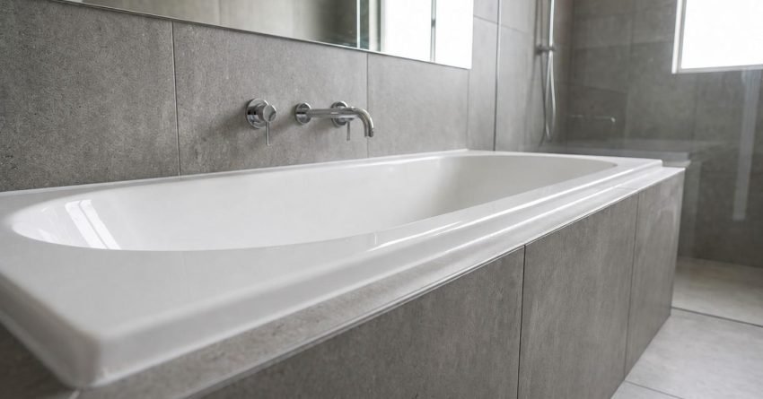 White acrylic drop-in bathtub built into a grey tiled surround with wall-mounted chrome tapware and large mirror