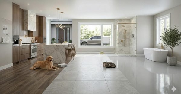 urine resistant flooring options including vinyl plank porcelain tile and epoxy flooring for pet friendly homes