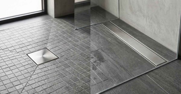 Side-by-side comparison of a square point shower drain in small square floor tiles versus a stainless steel linear channel drain in large slate tiles