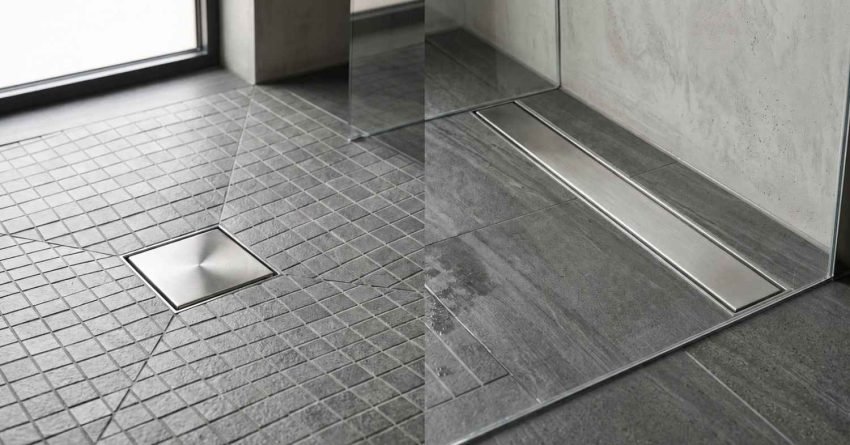 Side-by-side comparison of a square point shower drain in small square floor tiles versus a stainless steel linear channel drain in large slate tiles