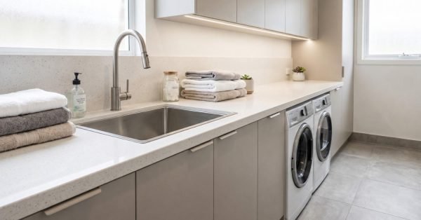Modern laundry room with under-cabinet LED lighting, built-in sink, washer, dryer, and minimalist cabinetry