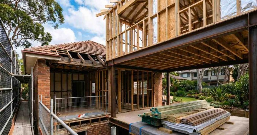 Two-storey home extension under construction with timber framing and steel beams in a residential backyard renovation project
