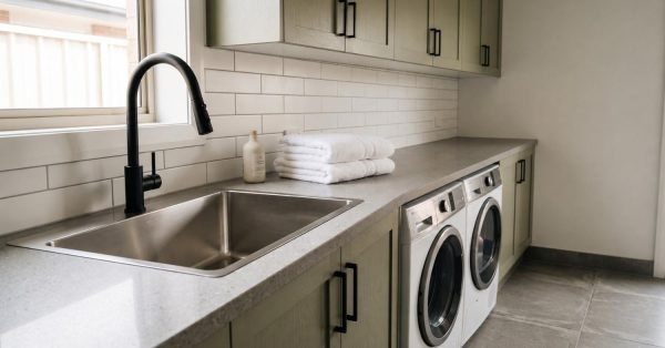 Modern laundry room with a stainless steel sink, black pull-down faucet, stacked white towels, and front-loading washer and dryer beneath sage green cabinets