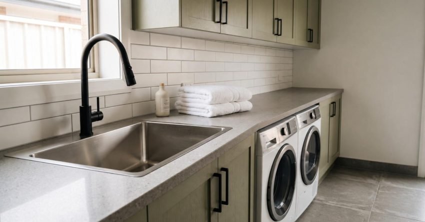 Modern laundry room with a stainless steel sink, black pull-down faucet, stacked white towels, and front-loading washer and dryer beneath sage green cabinets