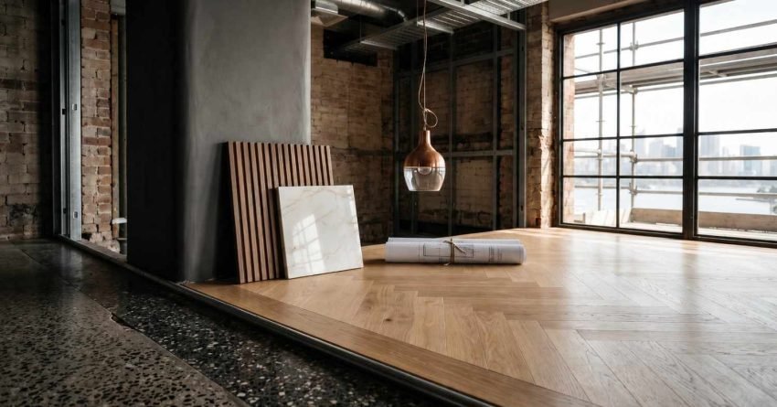 Modern office renovation with herringbone timber flooring, industrial interior, and premium material samples