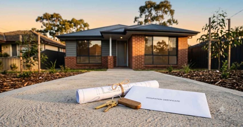 Newly built modern home with occupation certificate, house keys, and architectural plans on the driveway