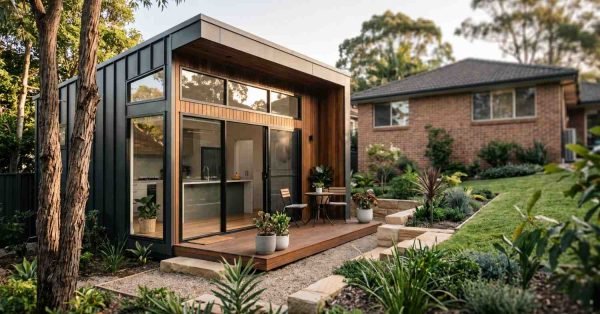 Modern backyard granny flat with floor-to-ceiling windows and landscaped garden in a contemporary residential setting
