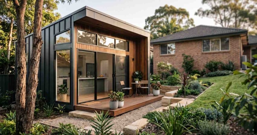 Modern backyard granny flat with floor-to-ceiling windows and landscaped garden in a contemporary residential setting