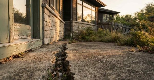 Deep crack and foundation settling in a concrete patio slab next to the stone foundation and peeling door frame of a house