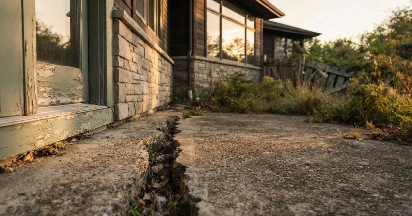 Deep crack and foundation settling in a concrete patio slab next to the stone foundation and peeling door frame of a house