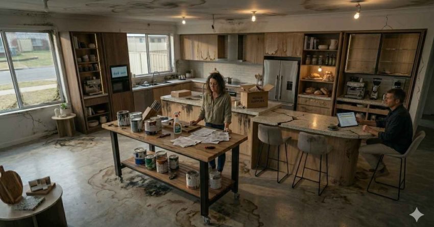 Neglected house interior with water damage, cracks, mold, and outdated kitchen showing factors that reduce property value