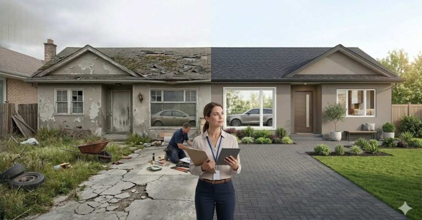 comparison of neglected home with damage and well maintained home showing factors that reduce property value