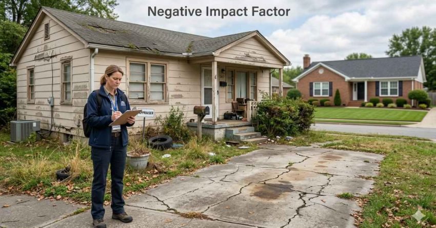 home appraiser evaluating property with visible damage and poor maintenance affecting appraisal value