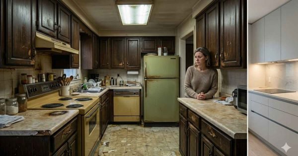 Outdated kitchen with old cabinets, laminate countertops, and poor lighting showing common design flaws that age a kitchen