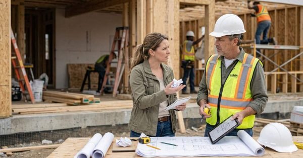 homeowner and builder discussing construction plans with visible miscommunication at a building site