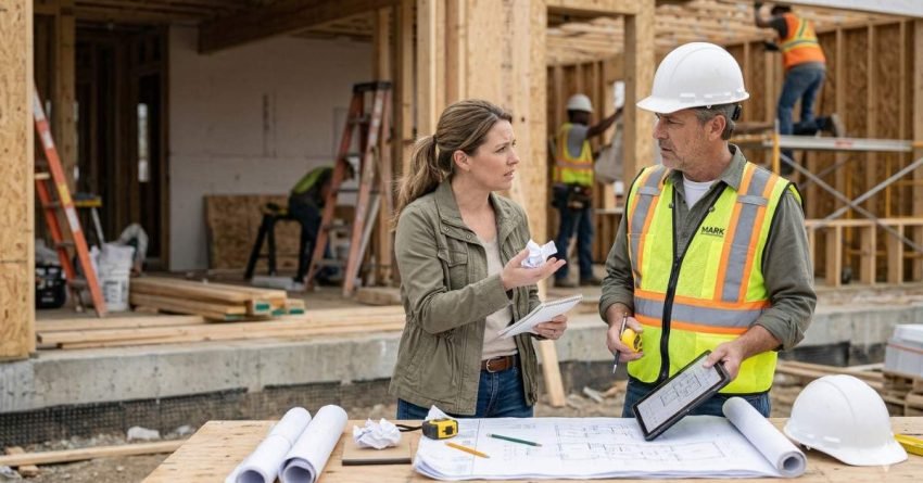 homeowner and builder discussing construction plans with visible miscommunication at a building site