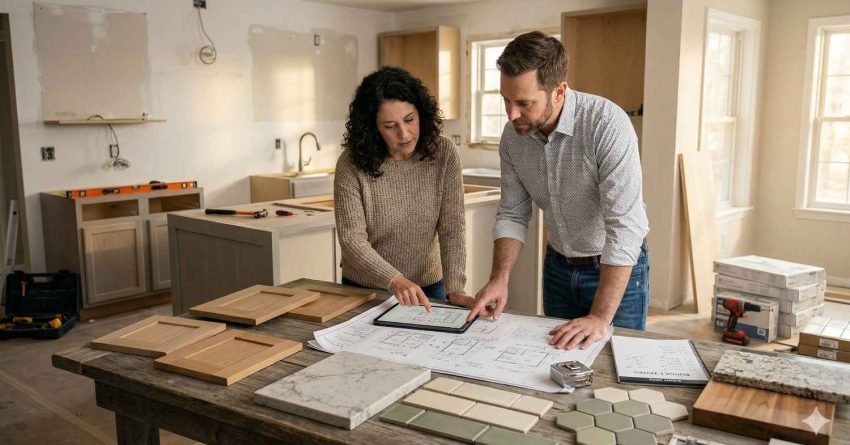 Homeowner and designer planning kitchen renovation with blueprints, materials, and unfinished kitchen in background