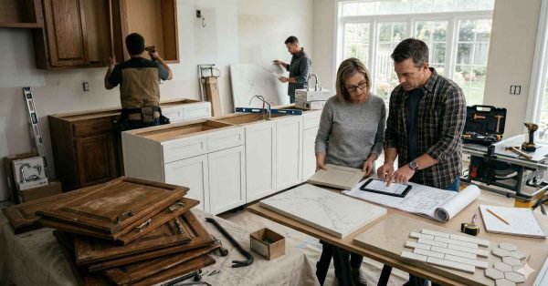 Kitchen remodel showing cabinets being replaced first with homeowner and contractor planning renovation priorities