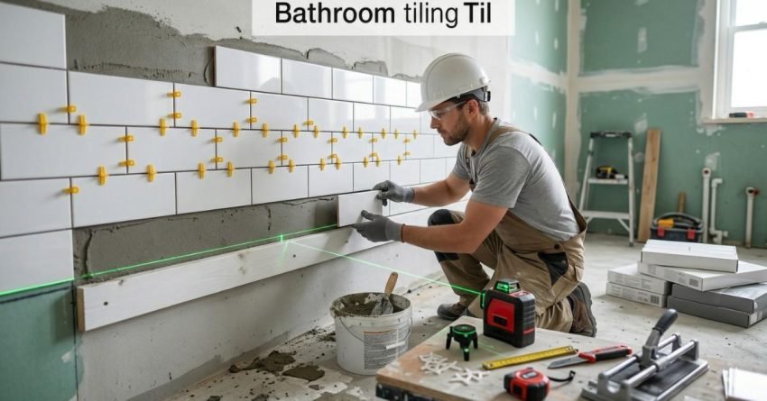 tiler starting bathroom wall tiles from a level ledger board ensuring straight and even tile installation