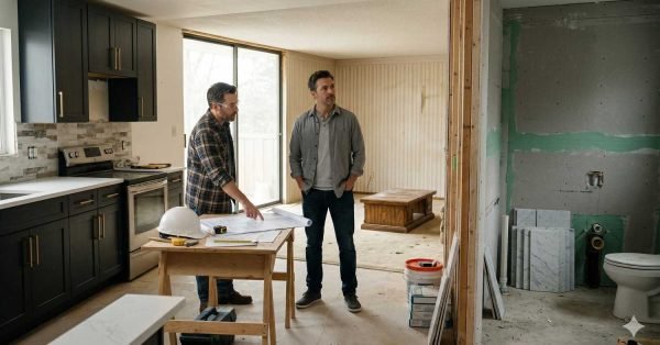 Homeowner deciding which room to renovate first with kitchen, bathroom, and living room at different renovation stages