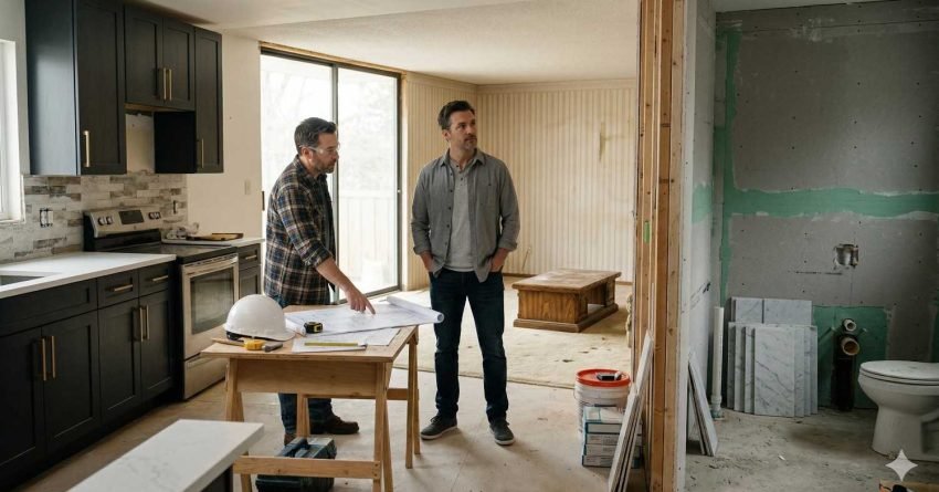 Homeowner deciding which room to renovate first with kitchen, bathroom, and living room at different renovation stages