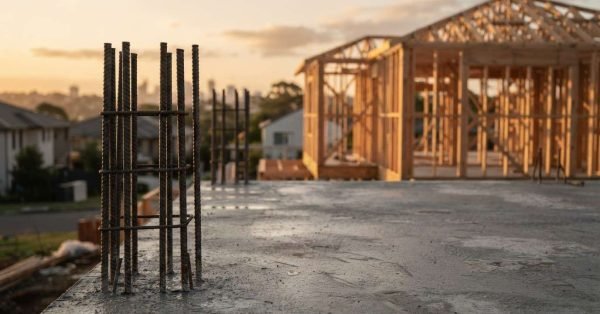 A reinforced steel rebar column cage protruding from a freshly poured concrete slab foundation, with timber house framing under construction in the golden hour background