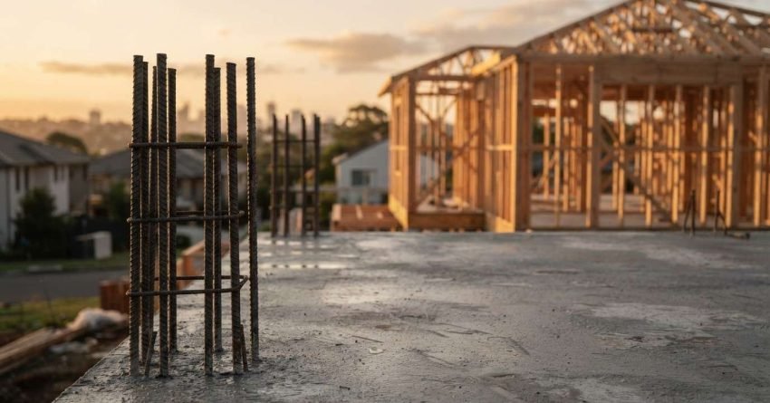 A reinforced steel rebar column cage protruding from a freshly poured concrete slab foundation, with timber house framing under construction in the golden hour background