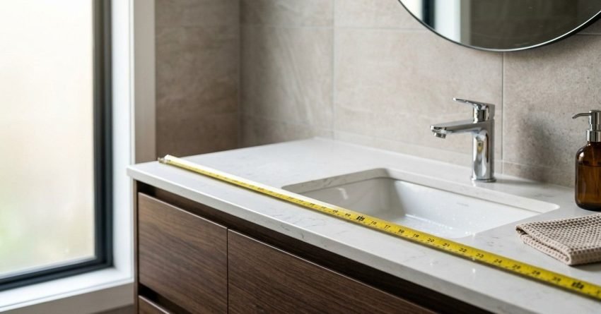 A yellow measuring tape laid diagonally across a white marble countertop with an undermount sink, chrome faucet, and dark walnut vanity drawer unit beside a bright window
