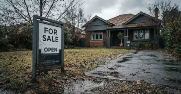 A real estate 'For Sale' and 'Open' sign standing on a rain-soaked front lawn with fallen winter leaves in front of a classic brick bungalow house on an overcast day